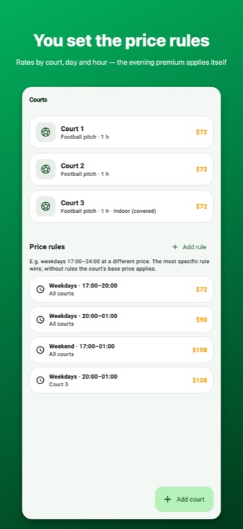 ArenaPro Courts screen: court list, slot and base price