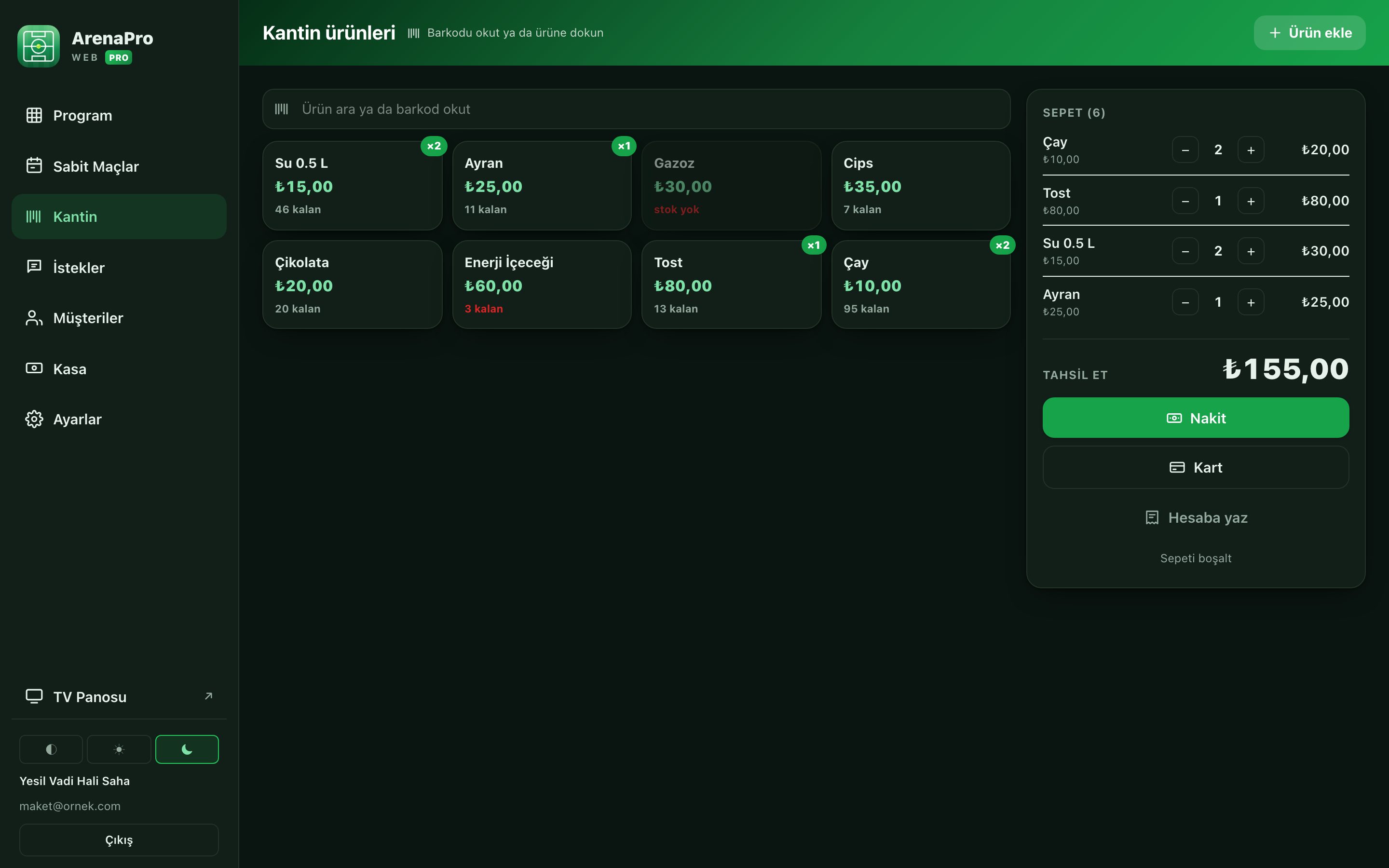 ArenaPro web sürümü — kantin tezgâhı, dolu sepet ve tek tık tahsilat