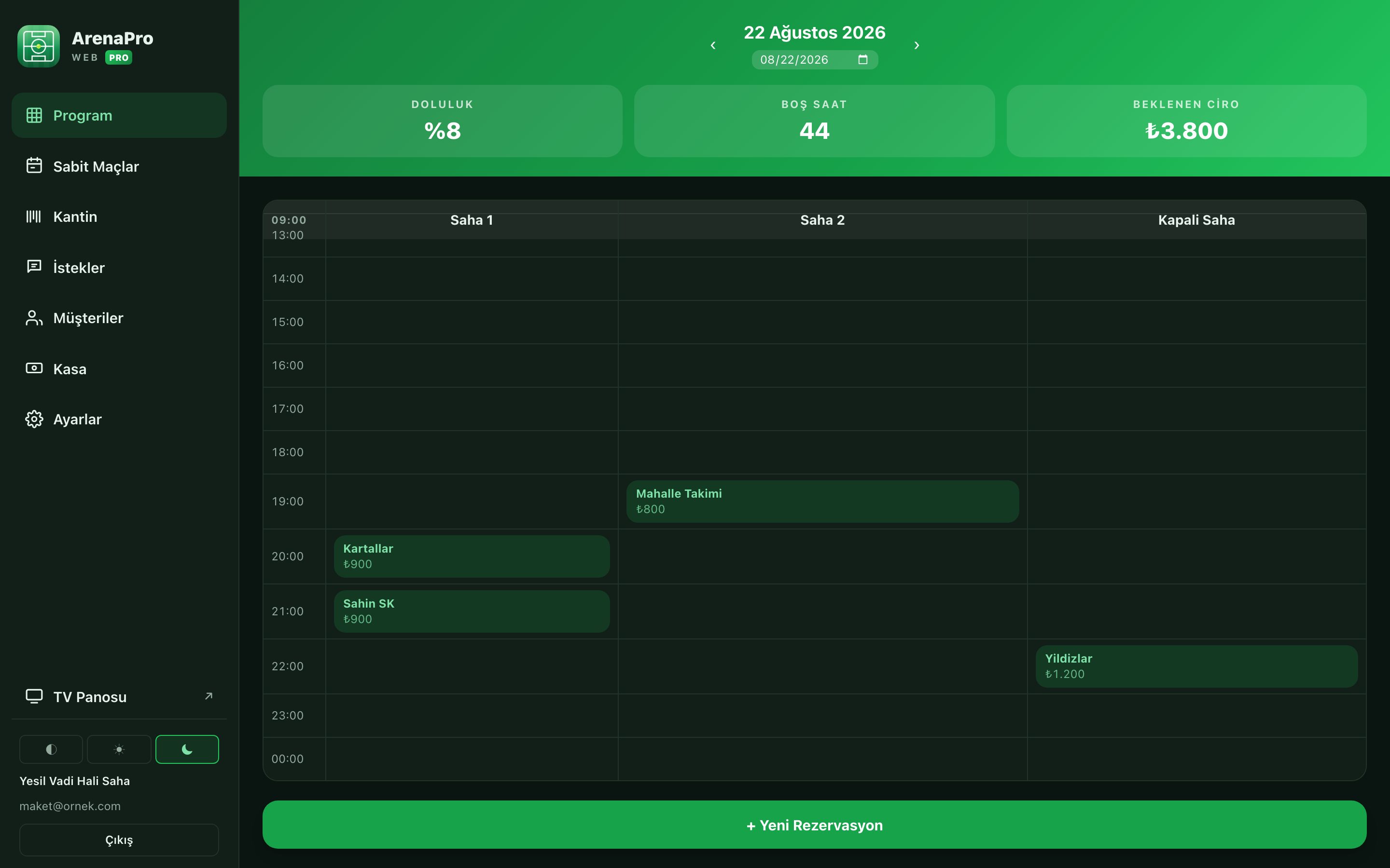 ArenaPro web sürümü — koyu temada saha × saat program ızgarası, doluluk ve beklenen gelir