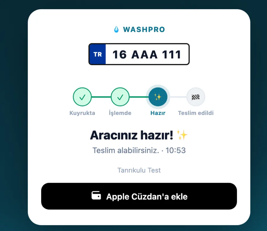 WashPro takip sayfası iPhone'da: Apple Cüzdan'a ekle düğmesi