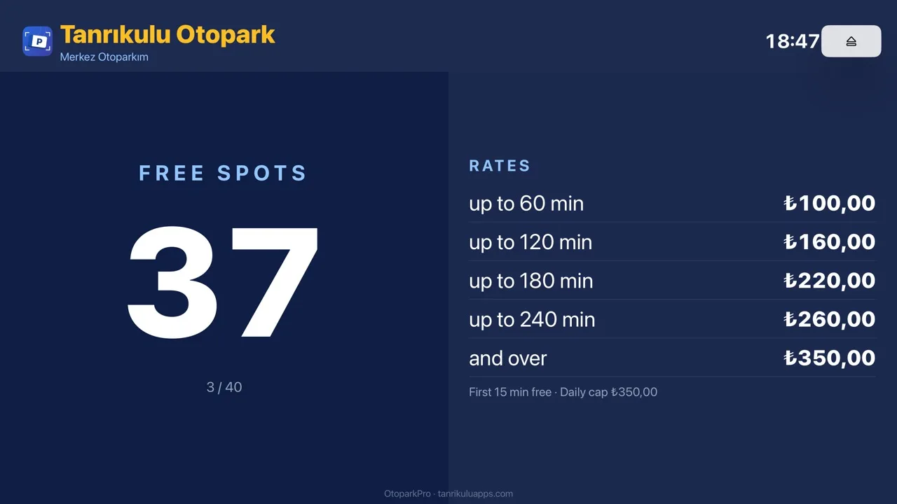 OtoparkPro Apple TV board: free spots and tariff