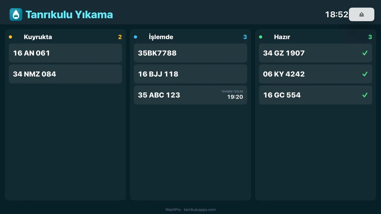 WashPro Apple TV panosu: bekleyen, işlemde ve hazır araçlar