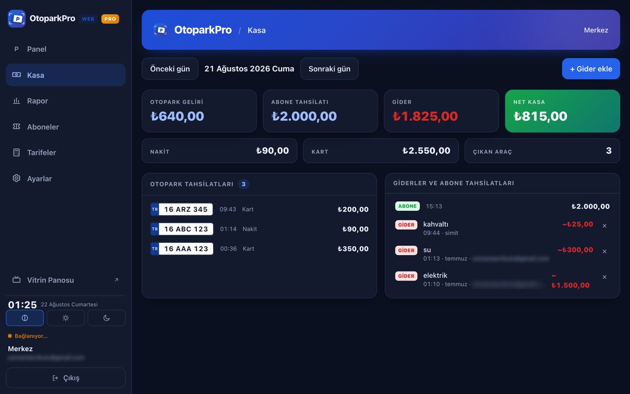 OtoparkPro web sürümü — kasa ekranı, günün tahsilatları ve giderleri