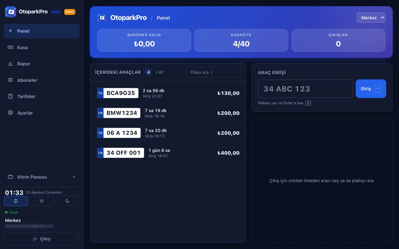 OtoparkPro web sürümü — panel ekranı, içerideki araçlar ve araç girişi