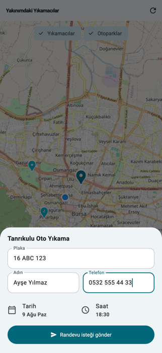 WashPro haritadan randevu