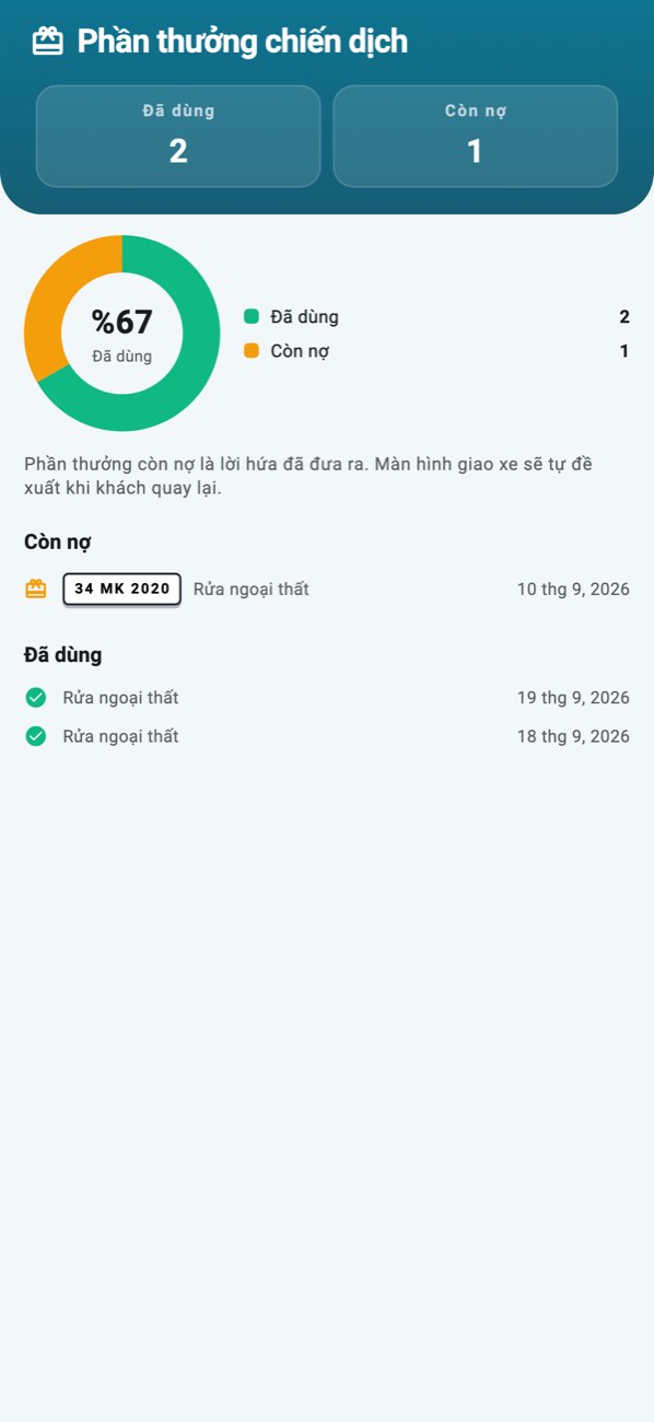 WashPro — Quà tặng: phần thưởng chiến dịch đã dùng và đang chờ.