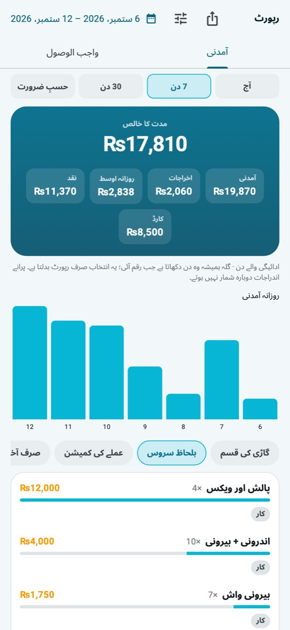 WashPro — دن کی رپورٹ: آمدنی، اخراجات، ادائیگی کے طریقے اور سروس کے مطابق تقسیم۔