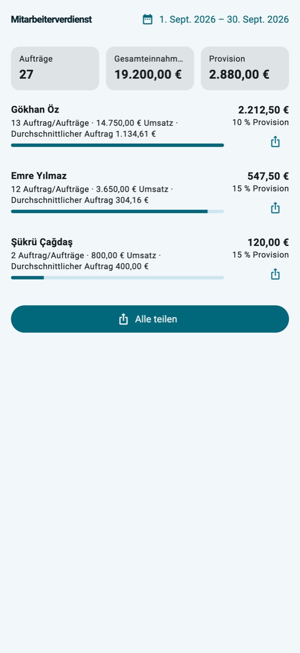 WashPro — Mitarbeiterabrechnung: Aufträge, Umsatz, Provision.