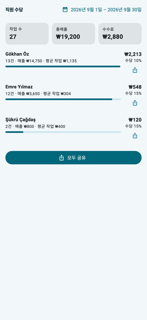 WashPro — 직원 정산: 건수, 매출, 수수료.