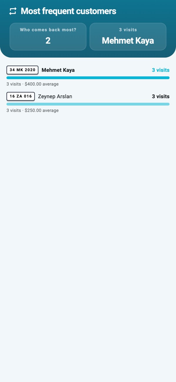 WashPro — Loyal customers: visit days, average spend, last visit.