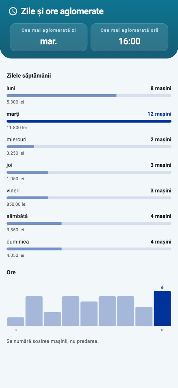 WashPro — Aglomerație: zilele săptămânii în bare, orele zilei în linie.