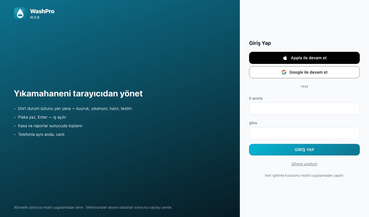 WashPro web sürümü — tarayıcıdan giriş ekranı