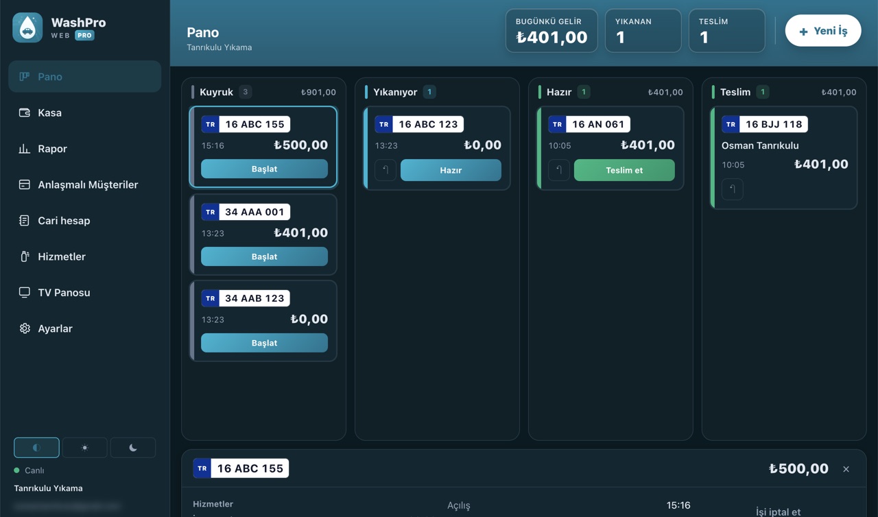 WashPro web sürümü — pano ekranı, dört durum sütunu ve seçili işin detay kartı